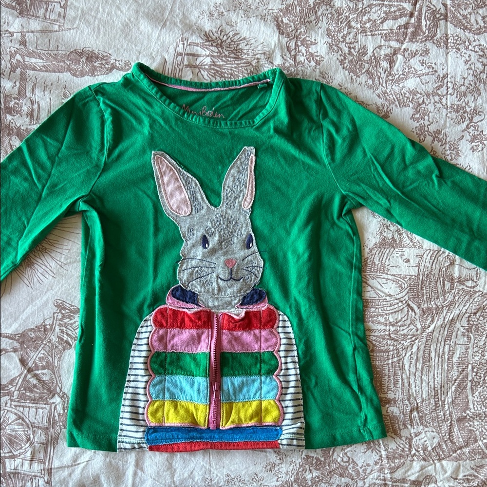 Mini Boden Green Long Sleeve Shirt with Colorful Bunny